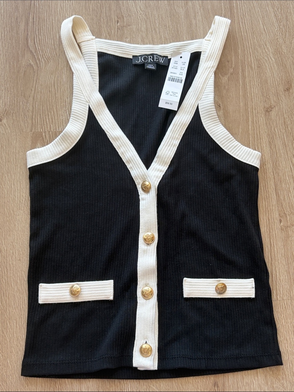 J. Crew Black Ribbed Tank with Cream Trim and Gold Buttons